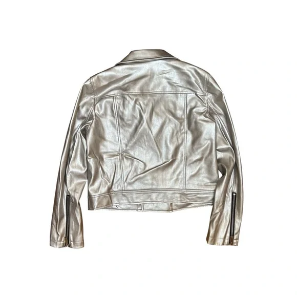 DKNY Metallic Silver Faux Leather Moto Jacket Size Medium - Picture 2 of 11
